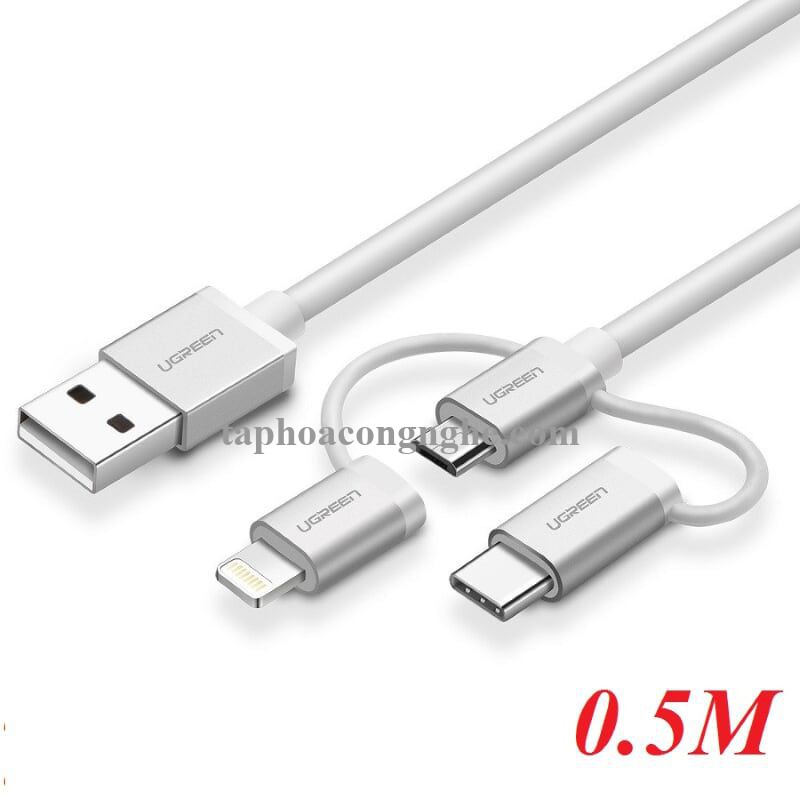 Ugreen 50201 0.5M màu Bạc Cáp sạc đa năng USB sang TypeC + Micro + Lightning US186 30050201